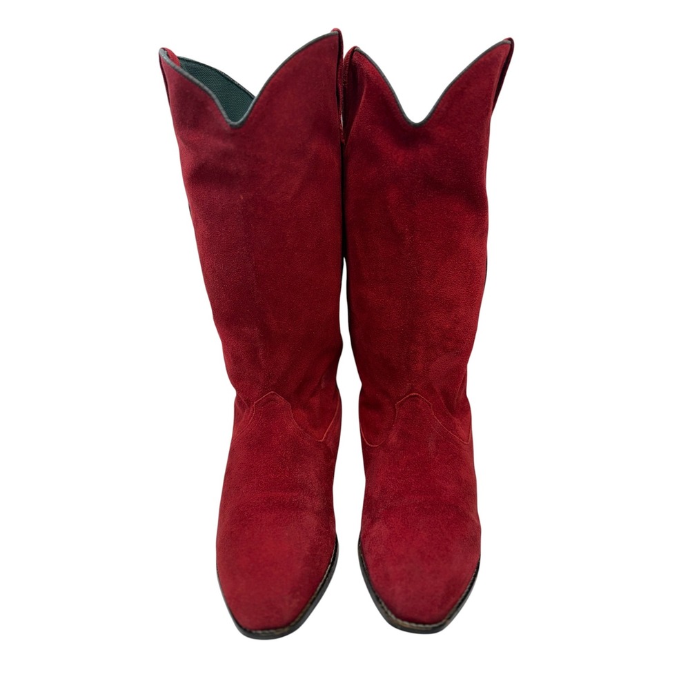 Red Suede Tall Western Cowboy Slouch Boots Women Size 8.5 Low Heel V-Cut Topline - Picture 2 of 10